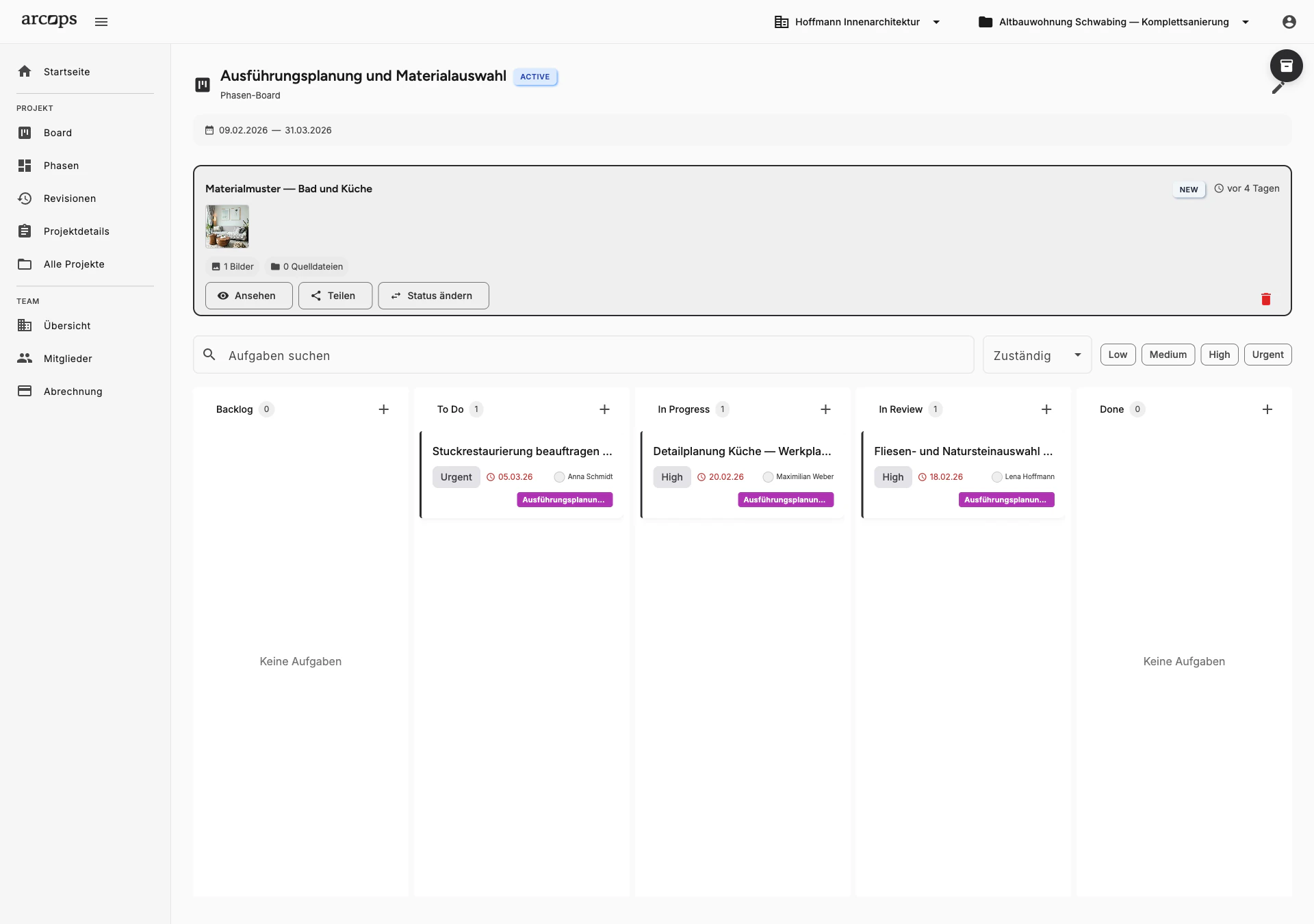 ArcOps Kanban-Board mit Aufgabenspalten und Drag-and-Drop-Organisation