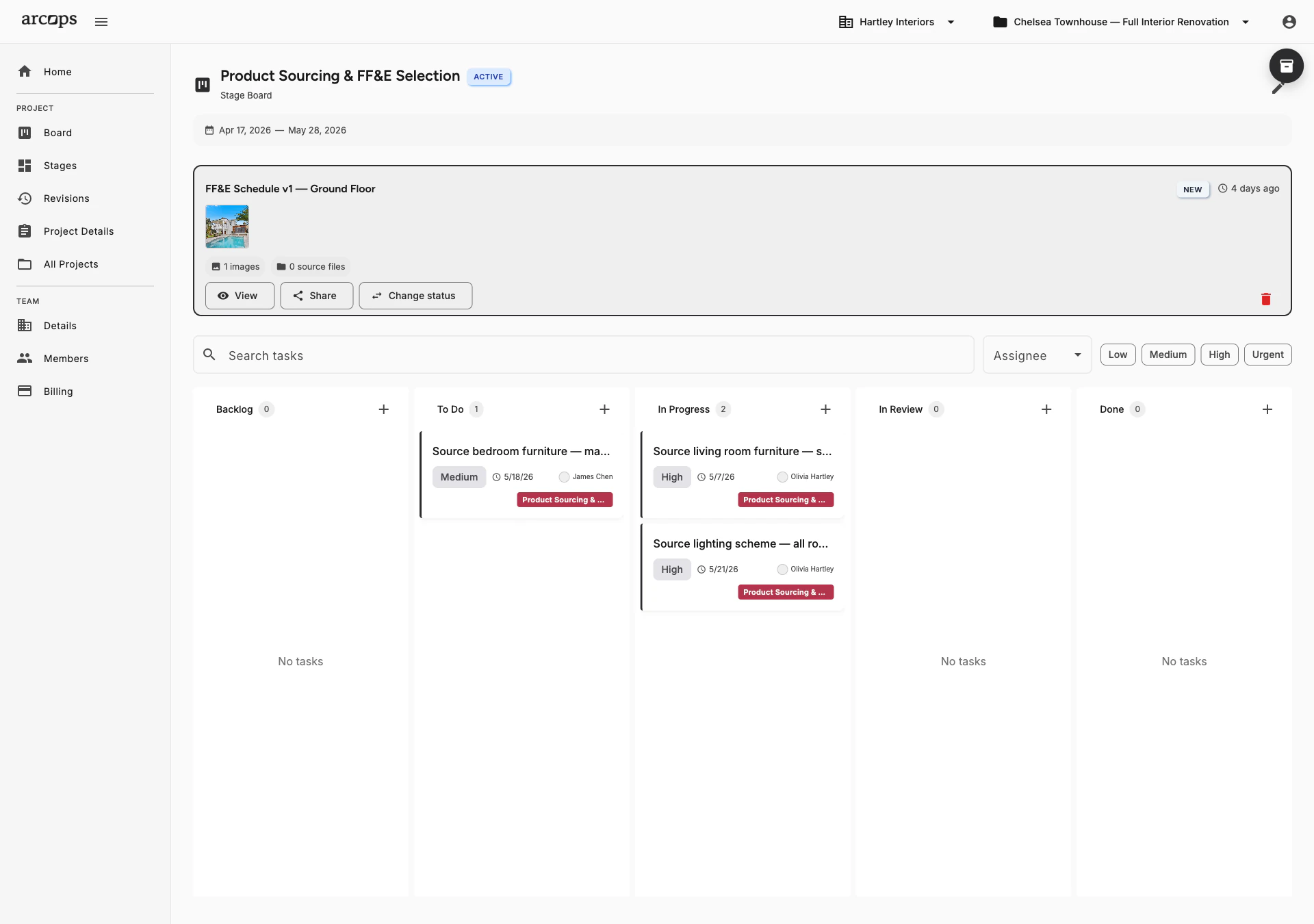 ArcOps Kanban board showing task columns with drag-and-drop organization