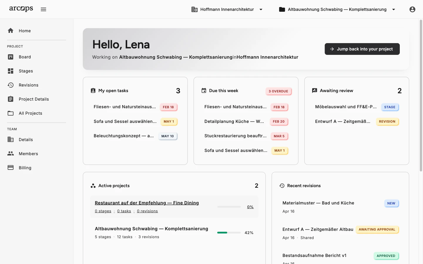 ArcOps-Dashboard mit offenen Aufgaben, aktiven Projekten und Plan-Auslastung