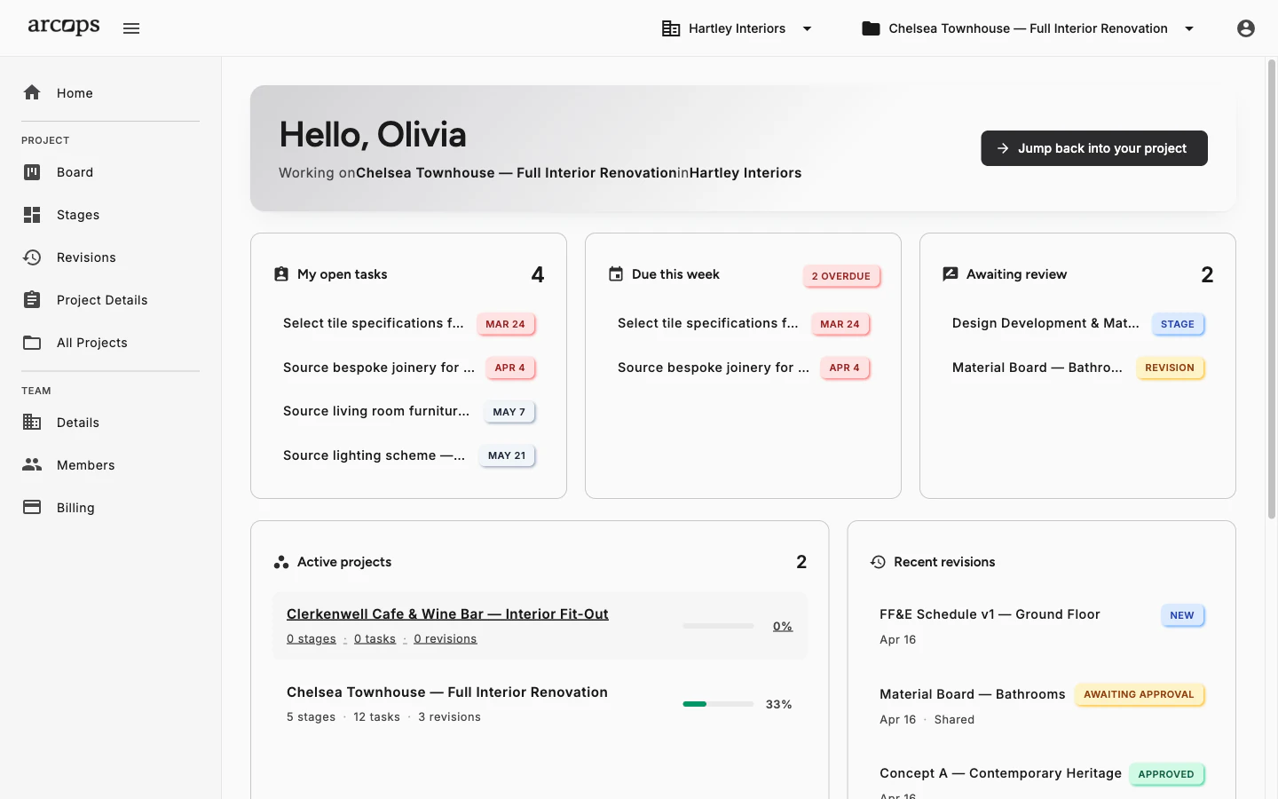 ArcOps dashboard showing open tasks, active projects and plan usage