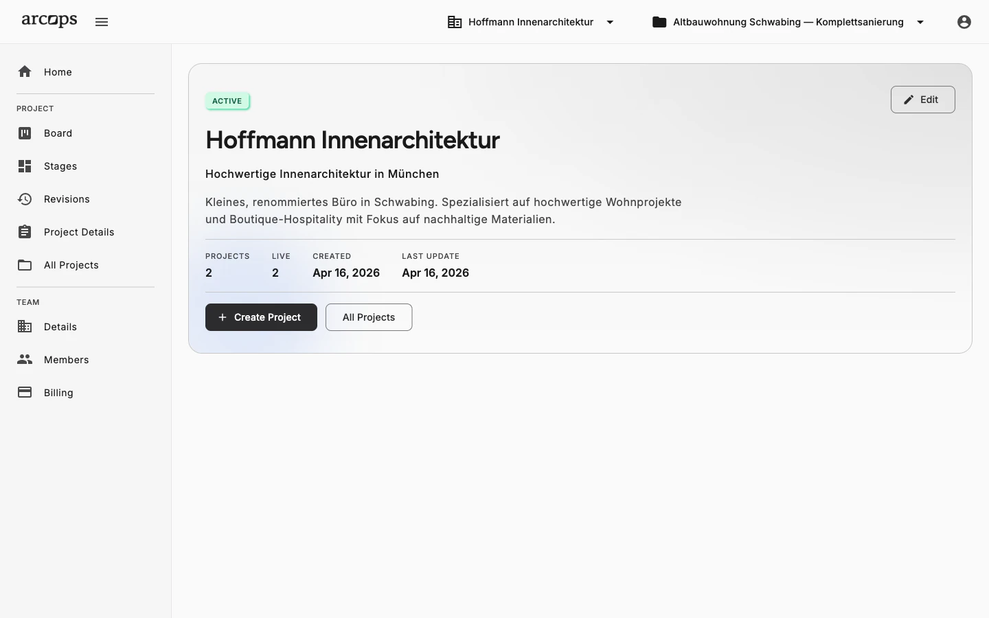 ArcOps-Teamdetailseite mit Studio-Biografie, Projektanzahl und Projekt-erstellen-Aktion