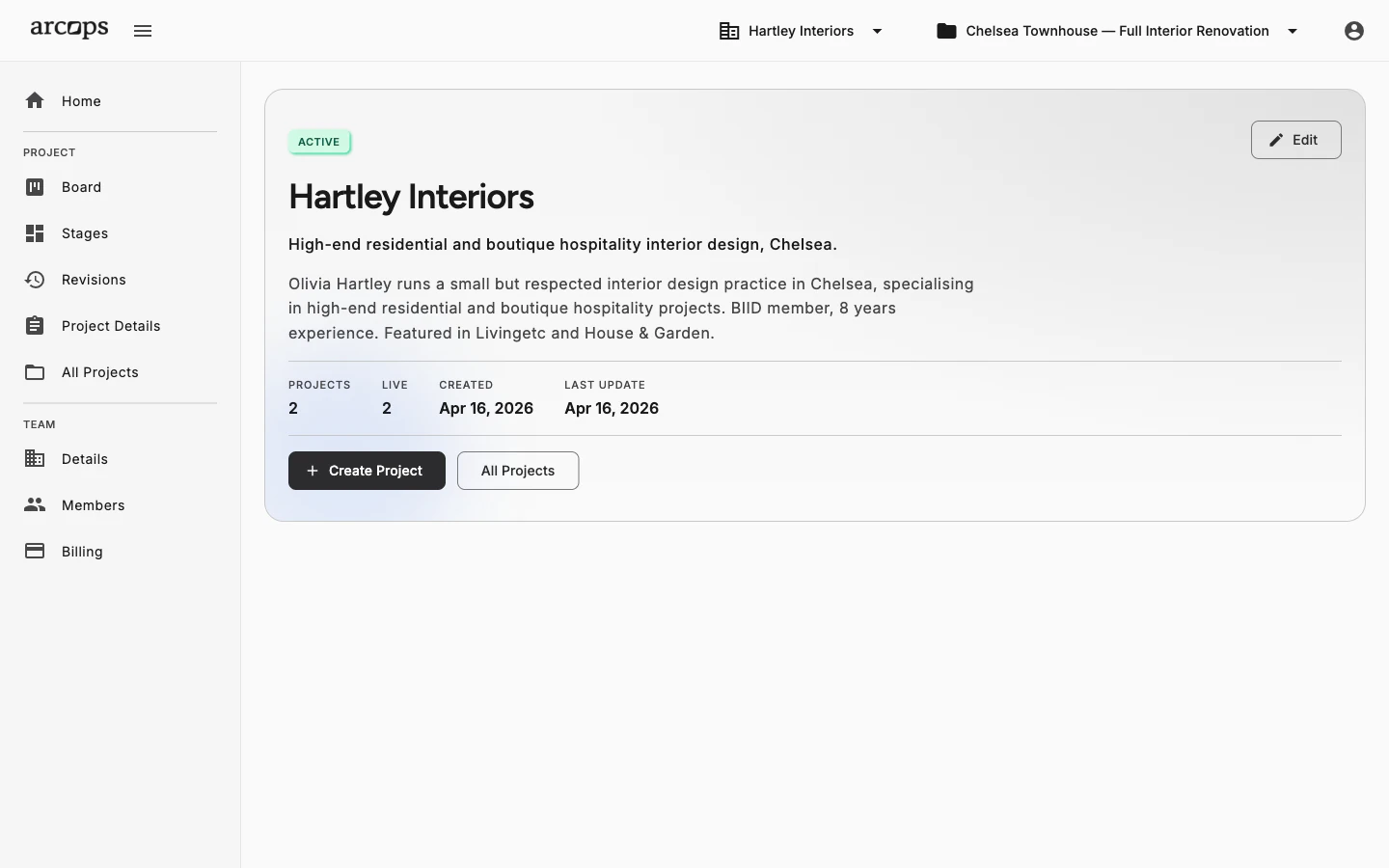 ArcOps team details page with studio bio, project count and create project action